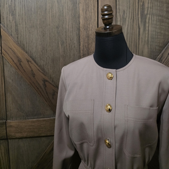 Valentino Long Sleeve Dress in Taupe with Gold Buttons - Picture 2 of 5